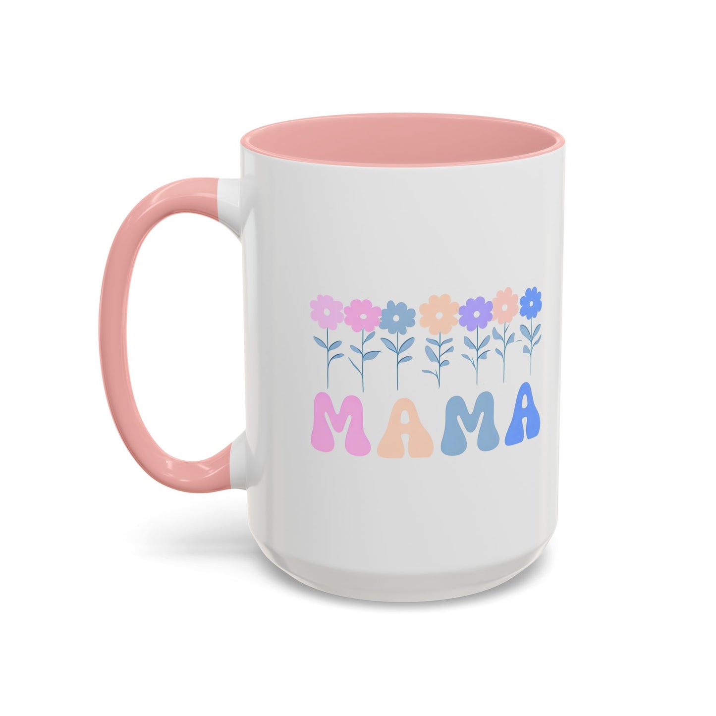 Floral Mama Accent Coffee Mug, Cute Gift for Mom, Pink Handle Coffee Cup, Mother's Day Present, Flower Mug for Moms