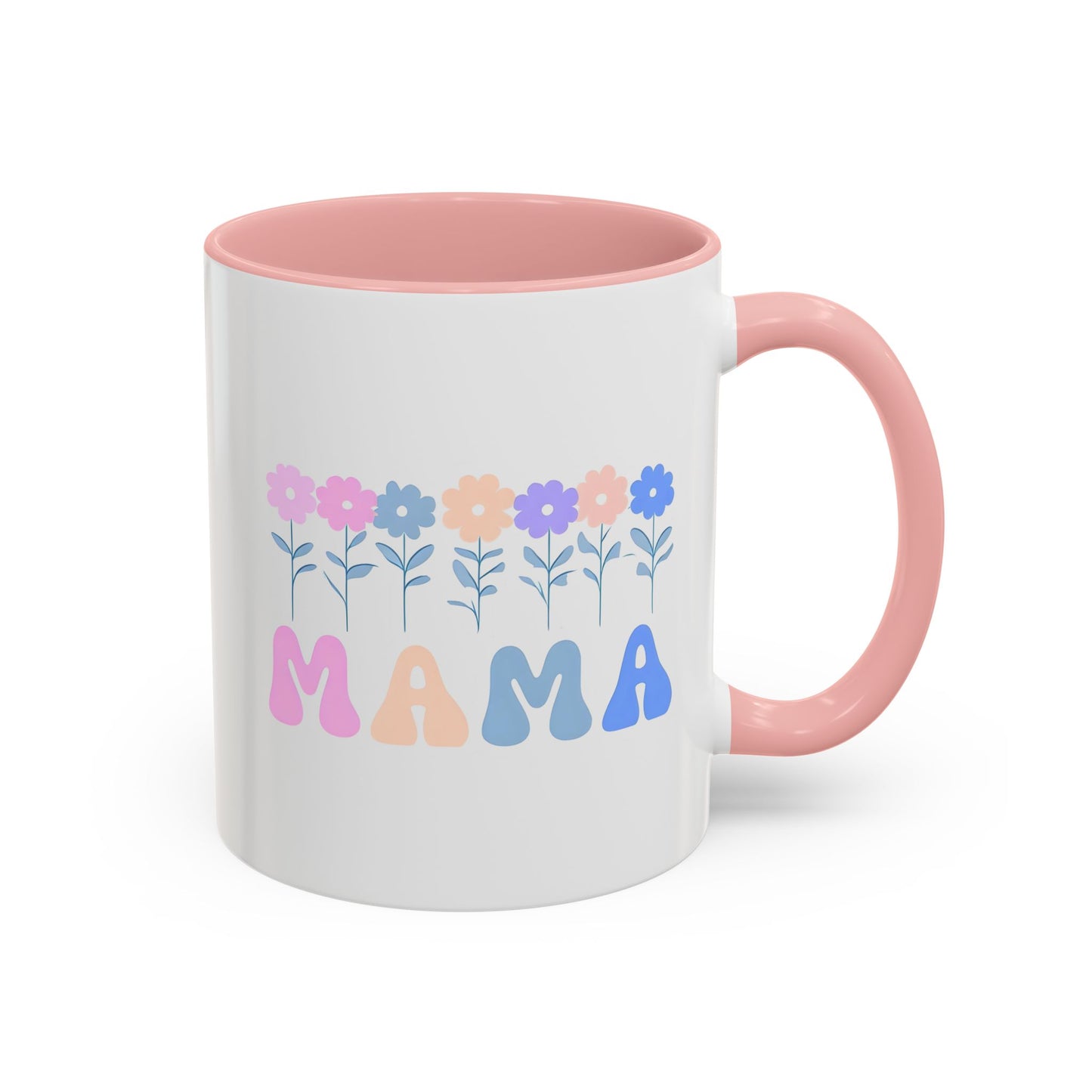 Floral Mama Accent Coffee Mug, Cute Gift for Mom, Pink Handle Coffee Cup, Mother's Day Present, Flower Mug for Moms