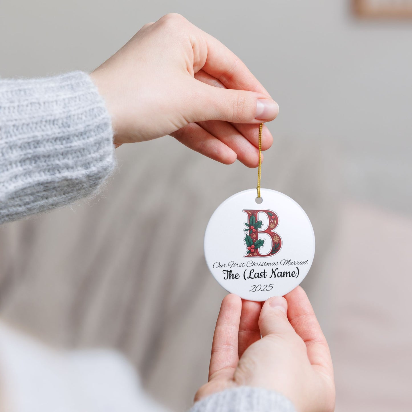 Custom Christmas Monogram B Ceramic Ornament, Personalized Holiday Decoration Gift, Xmas Tree Bauble, Festive Name Initial Hanging Decor,