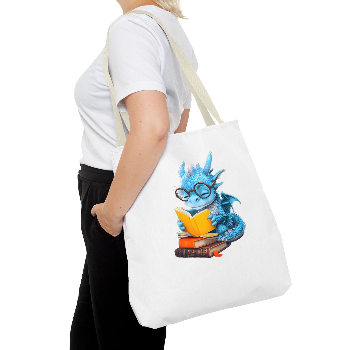 Cute Dragon Reading Tote Bag, Book Lover Gift, Fantasy Art Tote, Dragon Enthusiast, Whimsical Bag for Everyday Use