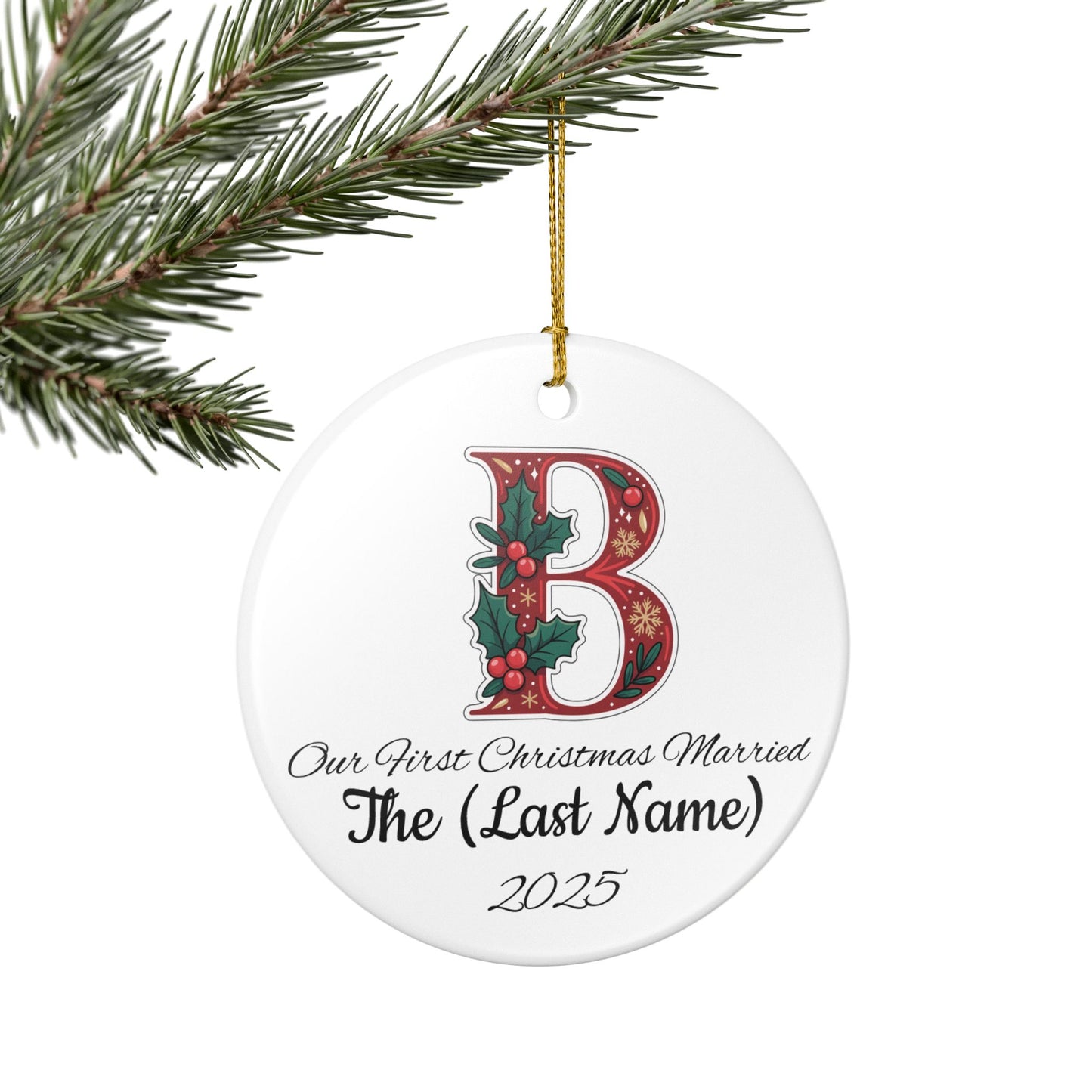 Custom Christmas Monogram B Ceramic Ornament, Personalized Holiday Decoration Gift, Xmas Tree Bauble, Festive Name Initial Hanging Decor,