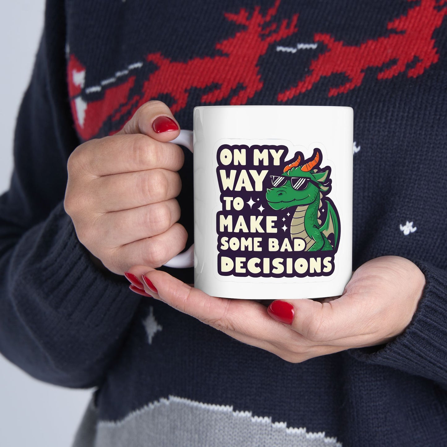 Dragon Design "On My Way to Make Bad Decisions" Ceramic Mug - Ideal for Fantasy Lovers, Unique Birthday Presents