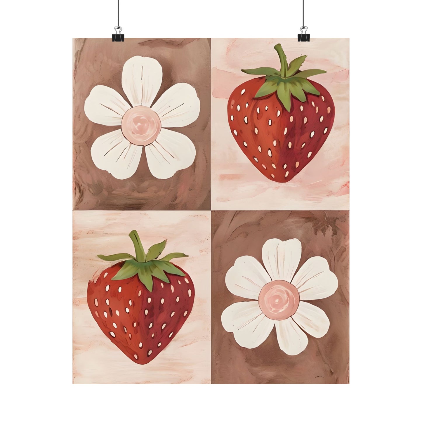 Strawberry & Floral Art Print, Matte Vertical Posters for Kitchen Decor, Farmhouse Wall Art, Gift for Garden Lovers, Boho Aesthetic