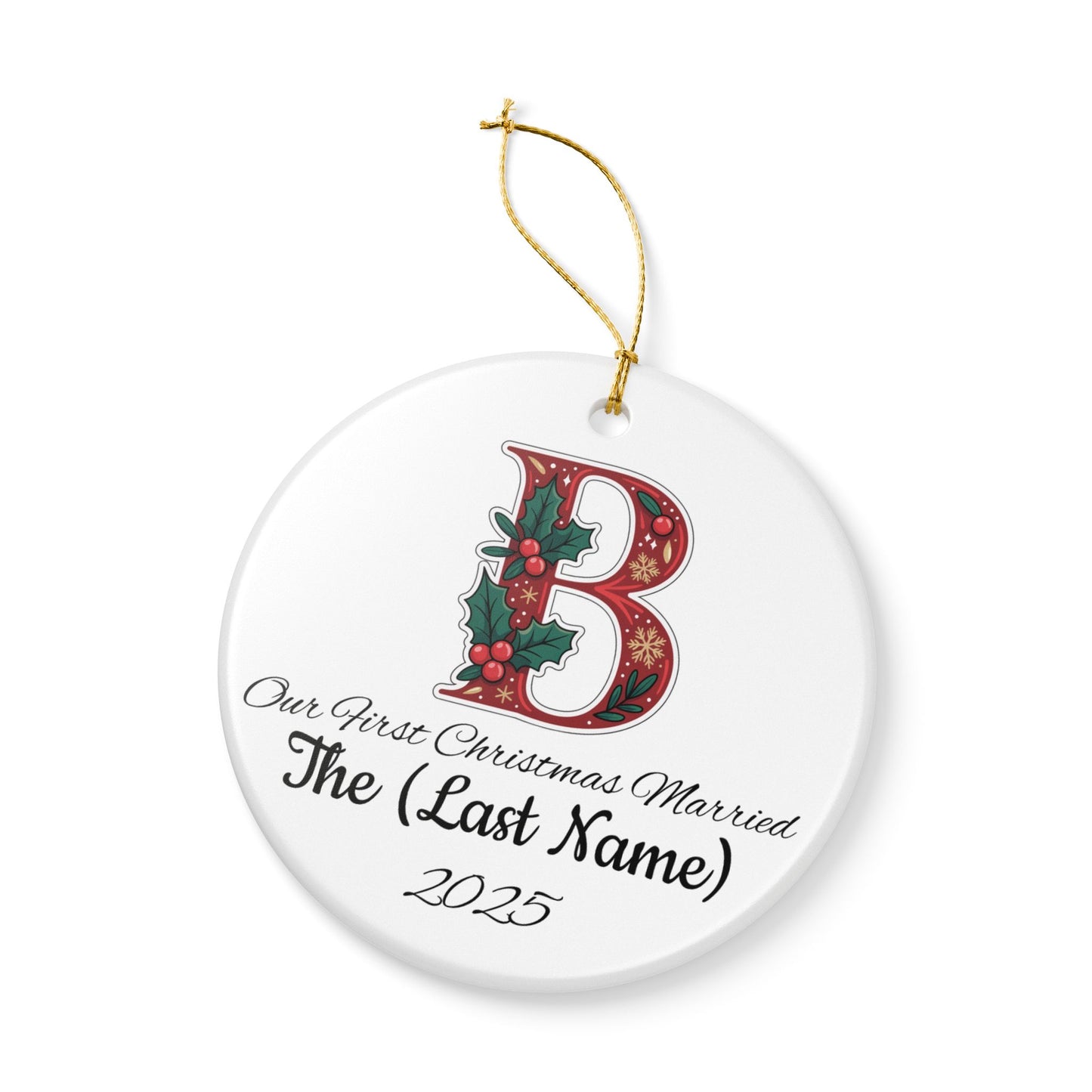 Custom Christmas Monogram B Ceramic Ornament, Personalized Holiday Decoration Gift, Xmas Tree Bauble, Festive Name Initial Hanging Decor,
