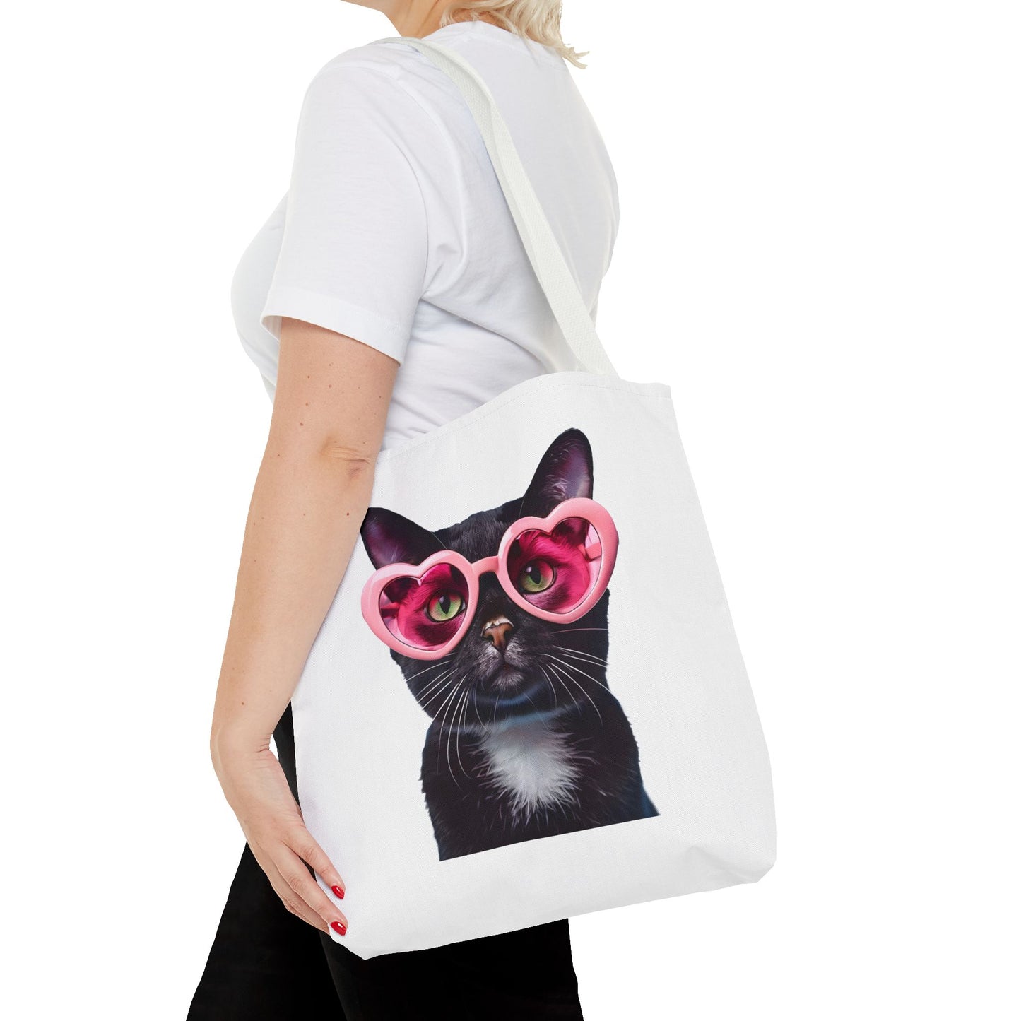 Trendy Black Cat Tote Bag, Cute Cat Lover Gift, Stylish Grocery Bag, Pink Heart Sunglasses Tote, Everyday Carryall