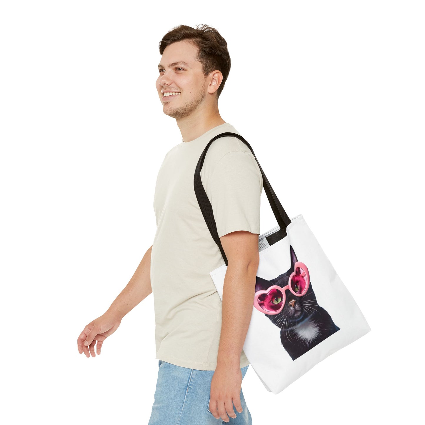 Trendy Black Cat Tote Bag, Cute Cat Lover Gift, Stylish Grocery Bag, Pink Heart Sunglasses Tote, Everyday Carryall