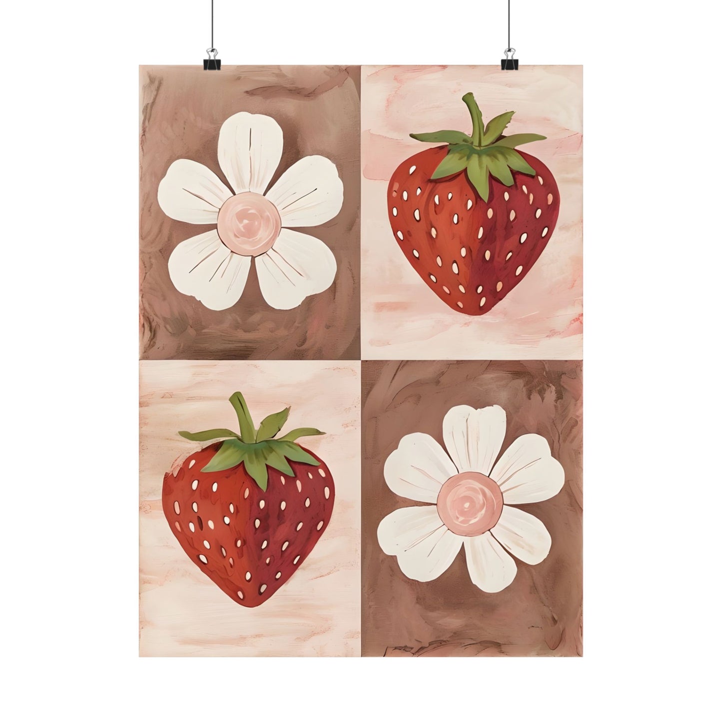 Strawberry & Floral Art Print, Matte Vertical Posters for Kitchen Decor, Farmhouse Wall Art, Gift for Garden Lovers, Boho Aesthetic