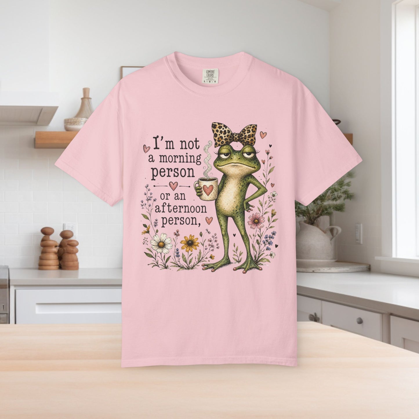 Grumpy Frog with Leopard Headband T-Shirt | Funny Morning Quote, Floral Illustration