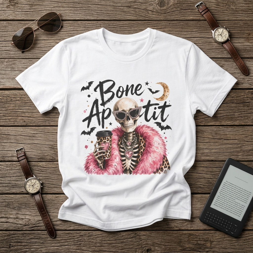 Bone Appetit Shirt | Glam Skeleton Comfort Colors Tee | Funny Halloween Graphic Tee | Sassy Skeleton Gift Shirt | Pink Leopard Halloween Tee