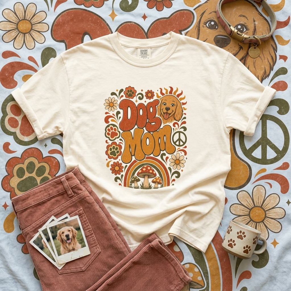 Dog Mom Shirt | Retro Boho Comfort Colors Tee | Groovy Dog Lover Graphic Tee | Golden Retriever Shirt | Dog Mom Gift T-Shirt