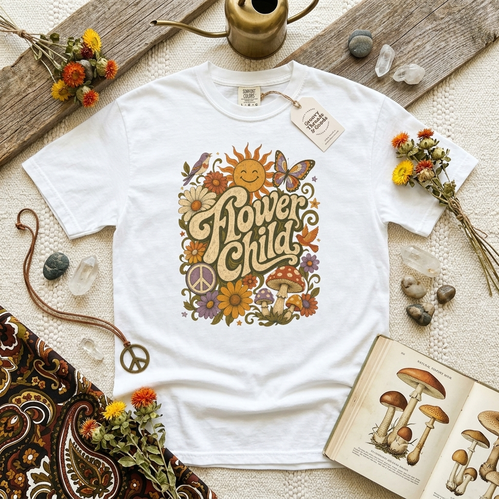 Flower Child Shirt | Retro Boho Comfort Colors Tee | 70s Hippie Graphic Tee | Mushroom Sun Flower Shirt | Peace Sign Boho T-Shirt
