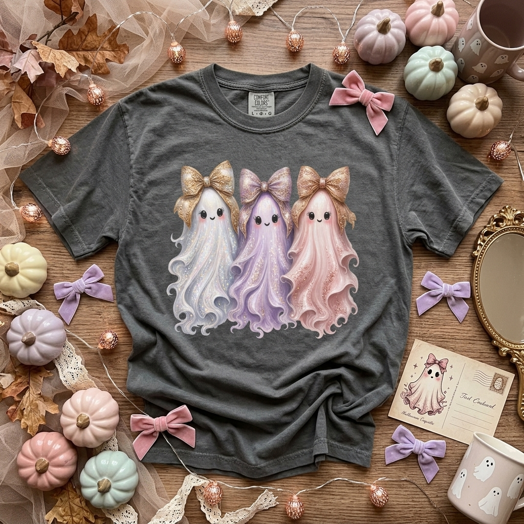 Cute Ghost Shirt with Bows, Comfort Colors Pastel Halloween Tee, Too Cute to Spook