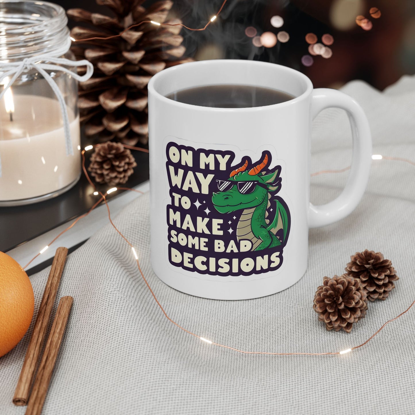 Dragon Design "On My Way to Make Bad Decisions" Ceramic Mug - Ideal for Fantasy Lovers, Unique Birthday Presents