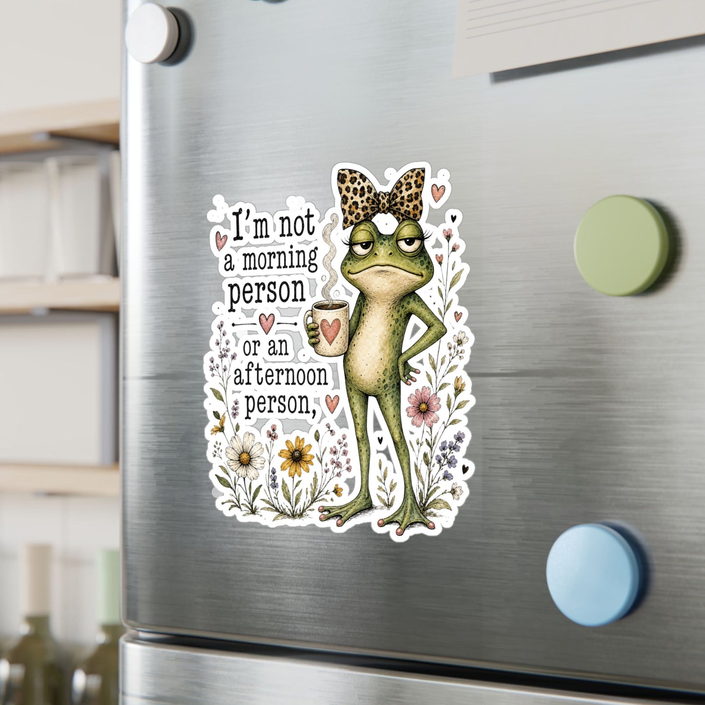 Grumpy Frog with Coffee Not a Morning Person Sticker | Kiss-Cut Vinyl Decal