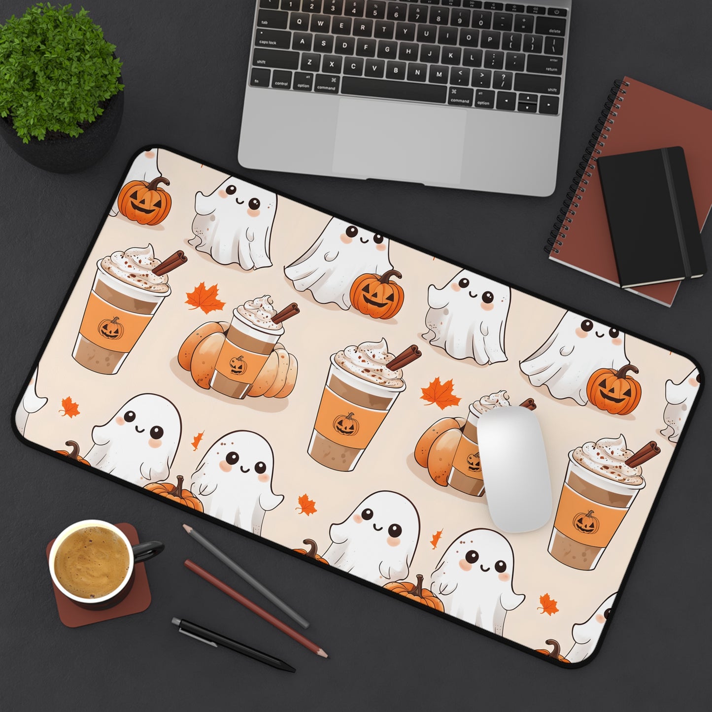 Ghost pumpkin coffee desk mat, cute fall Halloween desk pad, kawaii ghost gaming mat, autumn pumpkin mouse pad