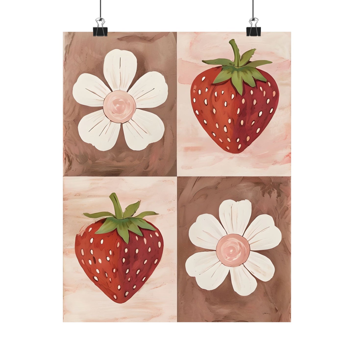 Strawberry & Floral Art Print, Matte Vertical Posters for Kitchen Decor, Farmhouse Wall Art, Gift for Garden Lovers, Boho Aesthetic