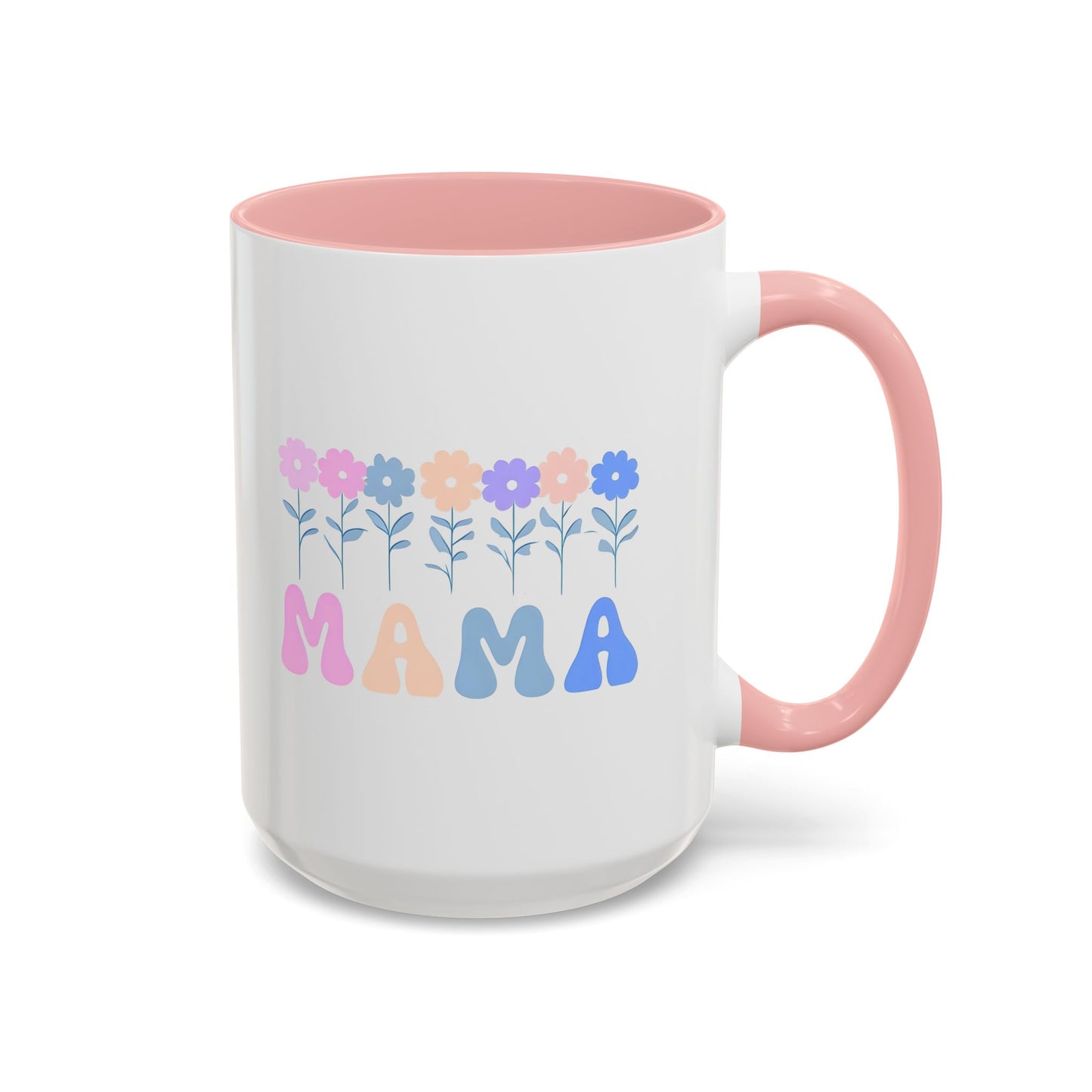 Floral Mama Accent Coffee Mug, Cute Gift for Mom, Pink Handle Coffee Cup, Mother's Day Present, Flower Mug for Moms