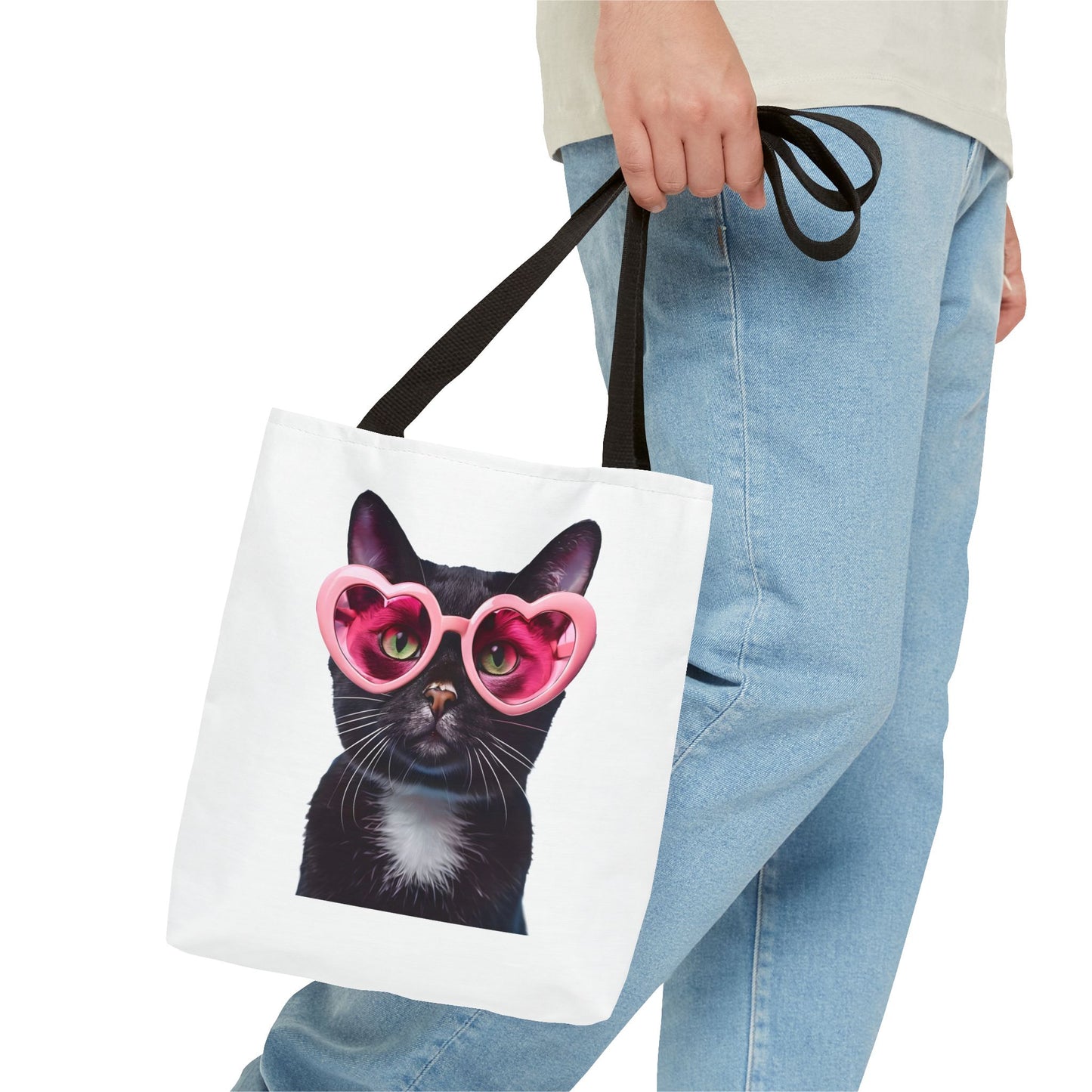 Trendy Black Cat Tote Bag, Cute Cat Lover Gift, Stylish Grocery Bag, Pink Heart Sunglasses Tote, Everyday Carryall