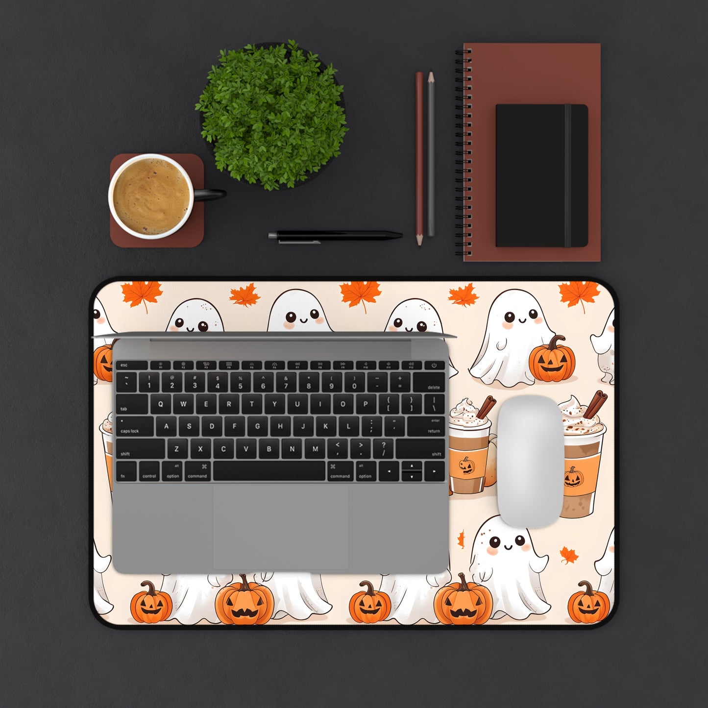 Ghost pumpkin coffee desk mat, cute fall Halloween desk pad, kawaii ghost gaming mat, autumn pumpkin mouse pad