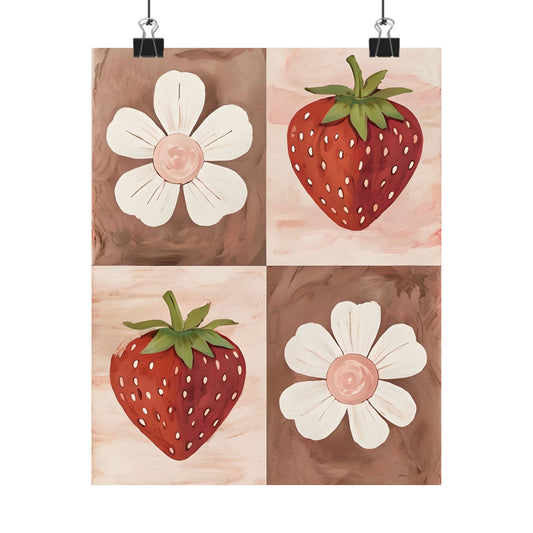 Strawberry & Floral Art Print, Matte Vertical Posters for Kitchen Decor, Farmhouse Wall Art, Gift for Garden Lovers, Boho Aesthetic