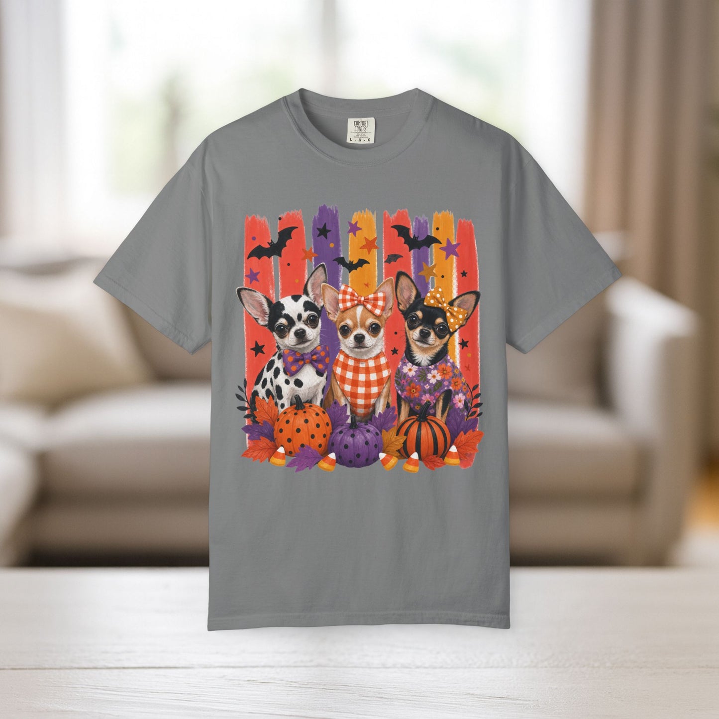 Chihuahua Trio Halloween T-Shirt | Pumpkin Pumpkins Bats Dogs
