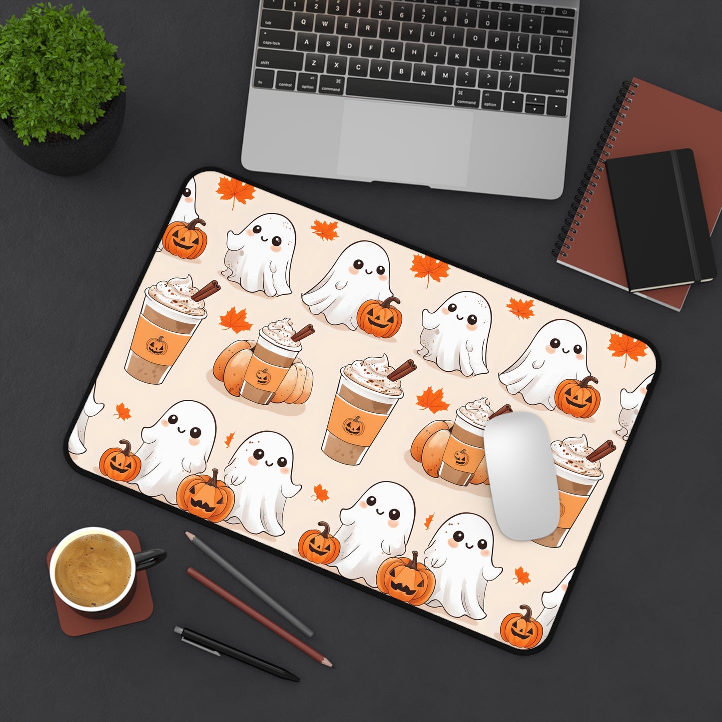 Ghost pumpkin coffee desk mat, cute fall Halloween desk pad, kawaii ghost gaming mat, autumn pumpkin mouse pad