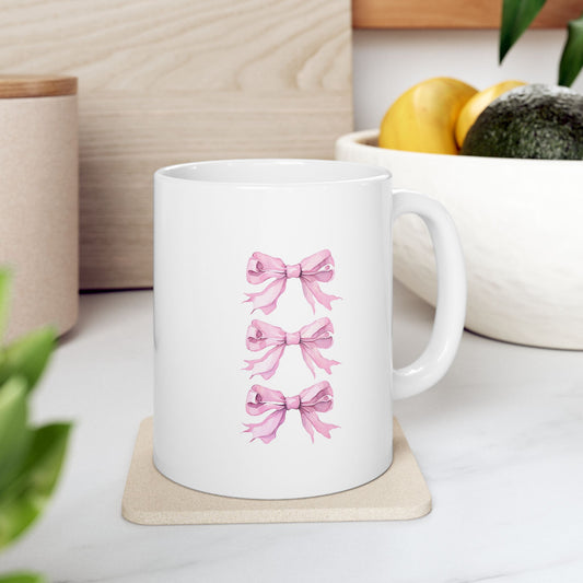 Charming Pink Triple Ribbon Ceramic Mug, Perfect Gift for Breast Cancer Awareness, Tea Lovers, Coffee Enthusiasts, Holiday, Self-Care