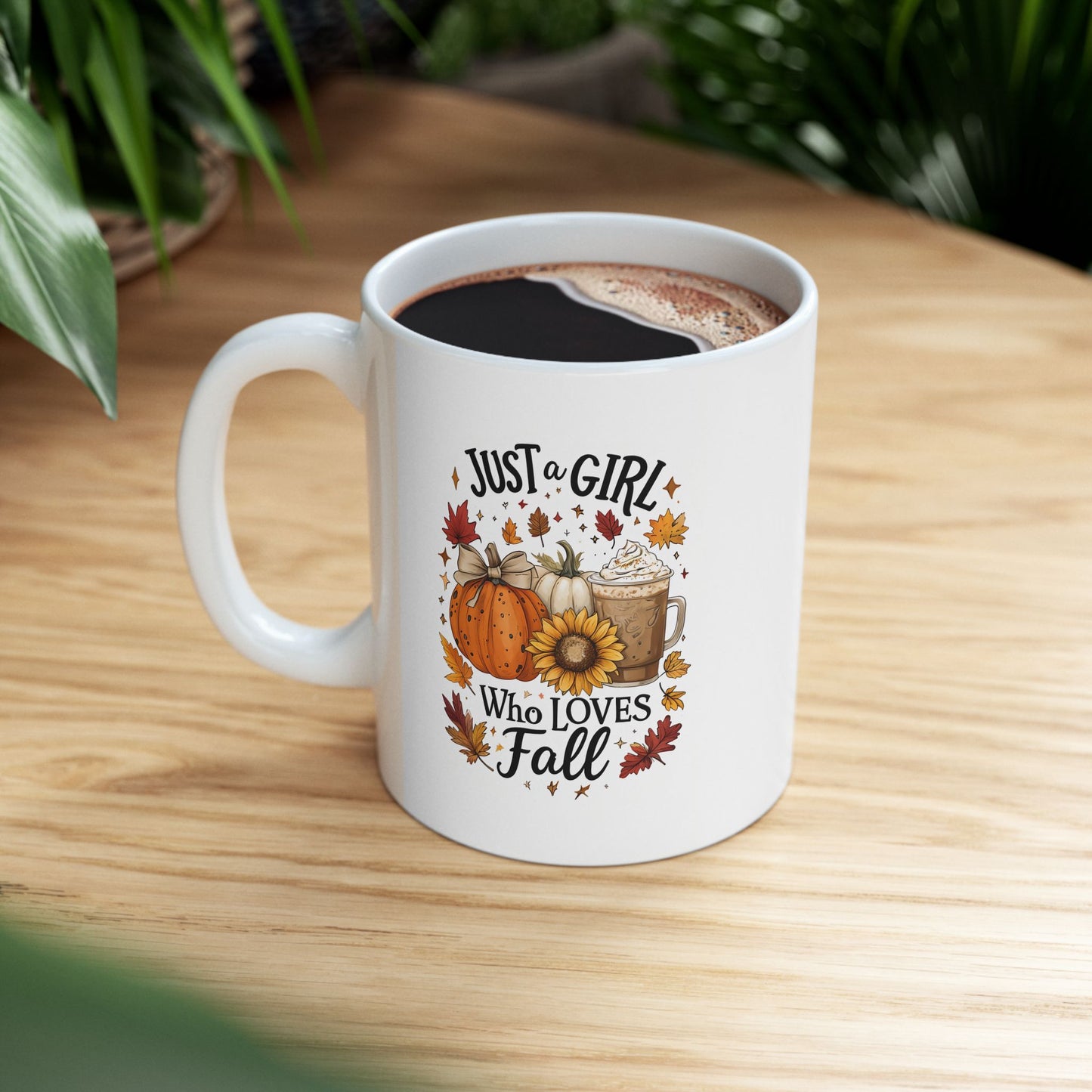 Just a Girl Who Loves Fall Mug, Pumpkin Spice Coffee Cup, Autumn Sunflower Latte Mug, Cozy Fall Gift for Her