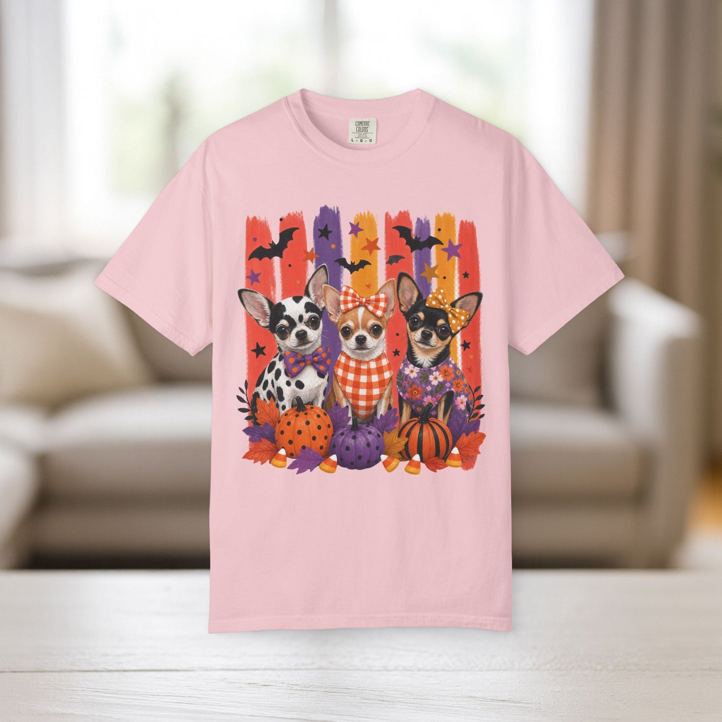 Chihuahua Trio Halloween T-Shirt | Pumpkin Pumpkins Bats Dogs