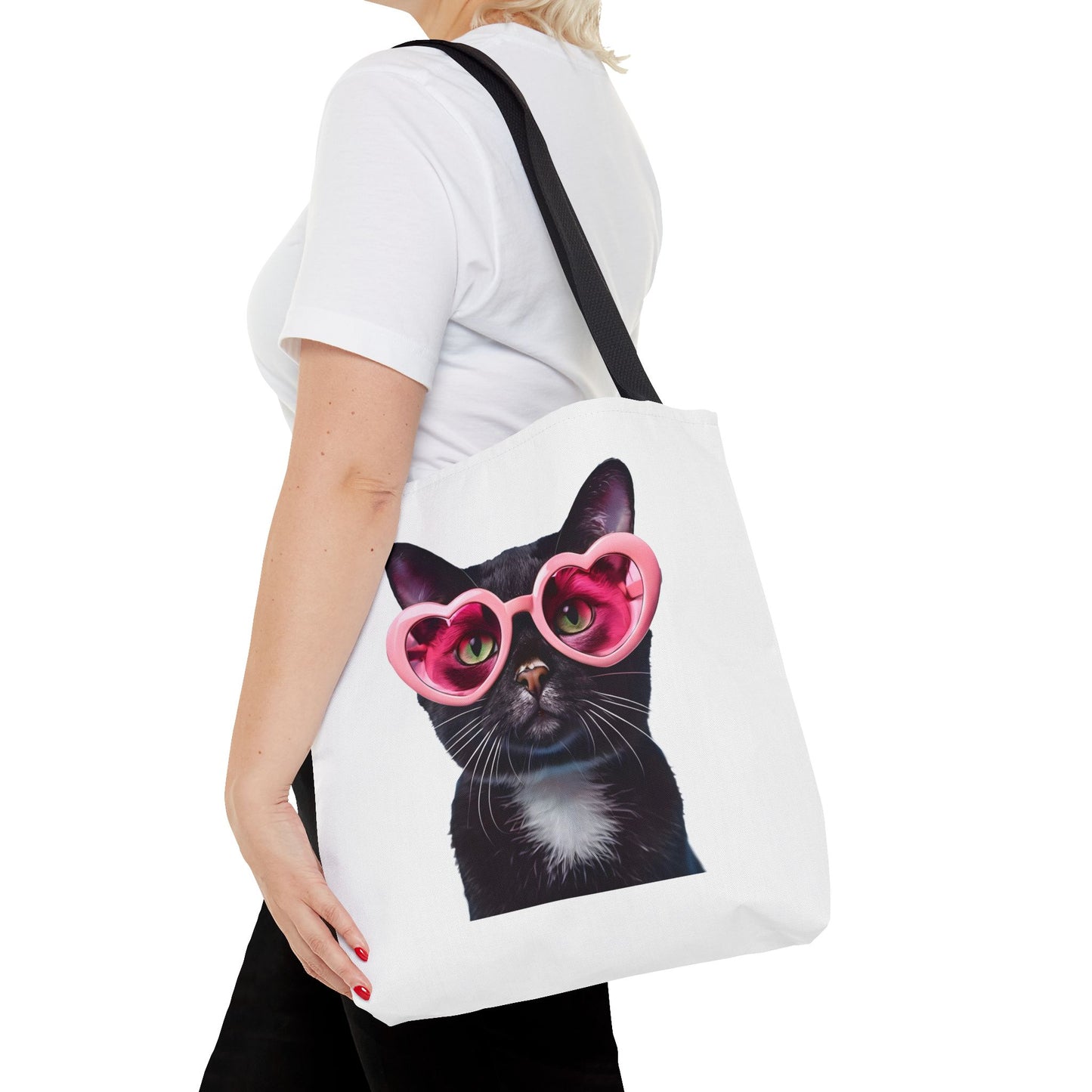 Trendy Black Cat Tote Bag, Cute Cat Lover Gift, Stylish Grocery Bag, Pink Heart Sunglasses Tote, Everyday Carryall