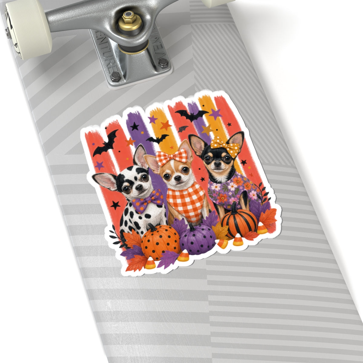 Three Halloween Chihuahuas Kiss-Cut Sticker | Pumpkins, Bats, Candy Corn