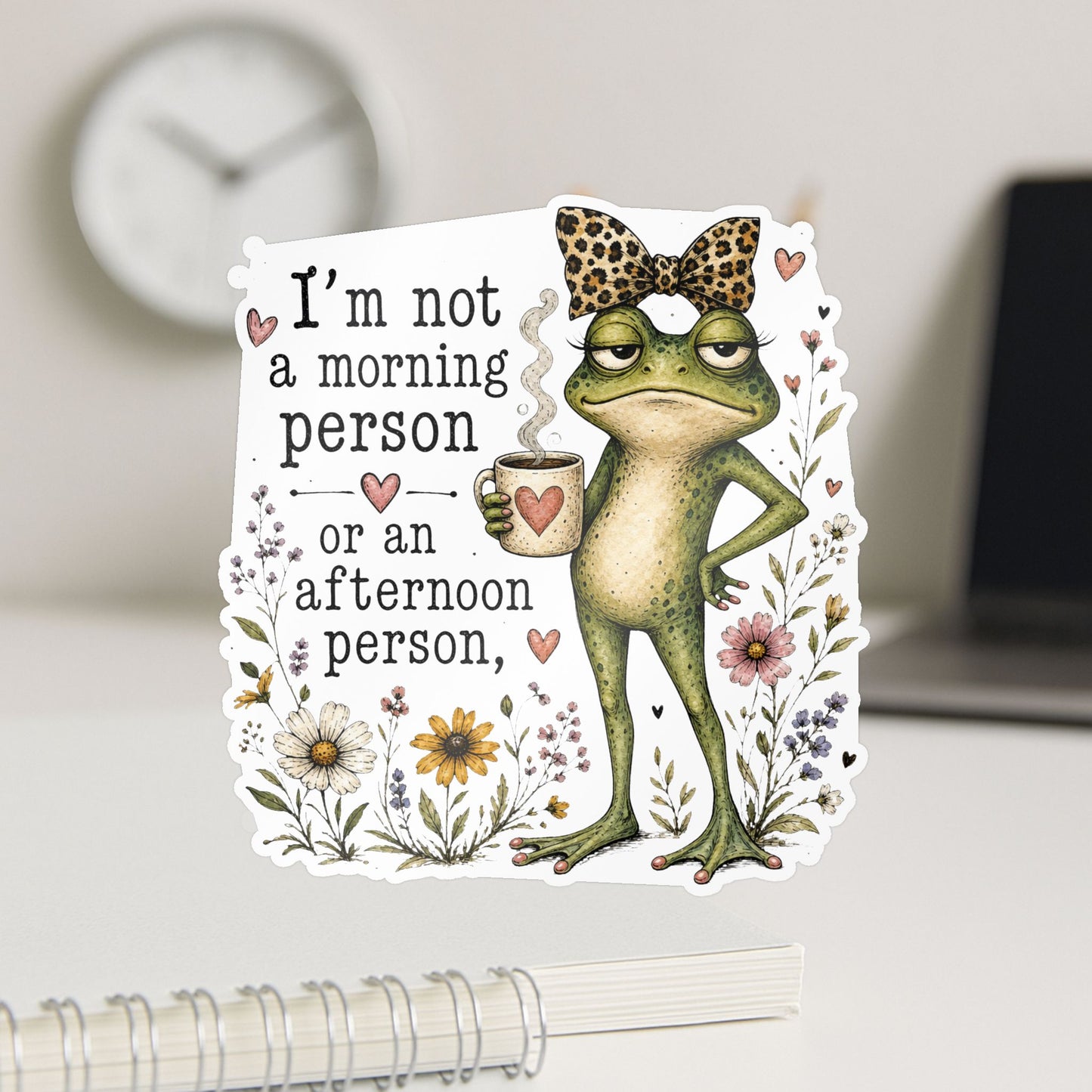 Grumpy Frog with Coffee Not a Morning Person Sticker | Kiss-Cut Vinyl Decal