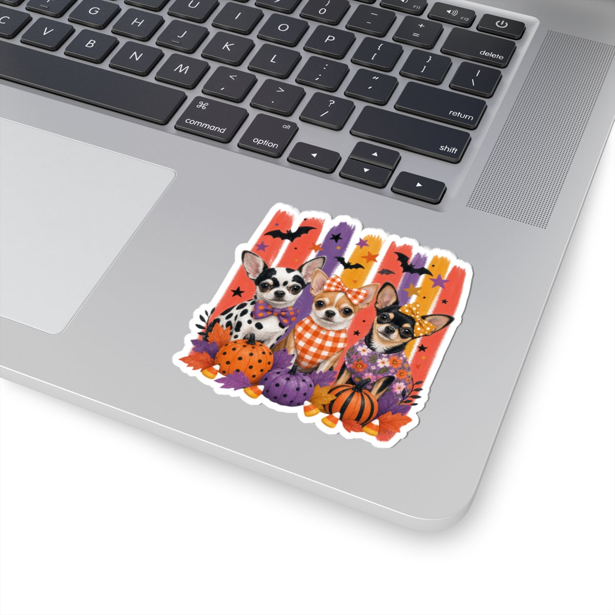Three Halloween Chihuahuas Kiss-Cut Sticker | Pumpkins, Bats, Candy Corn