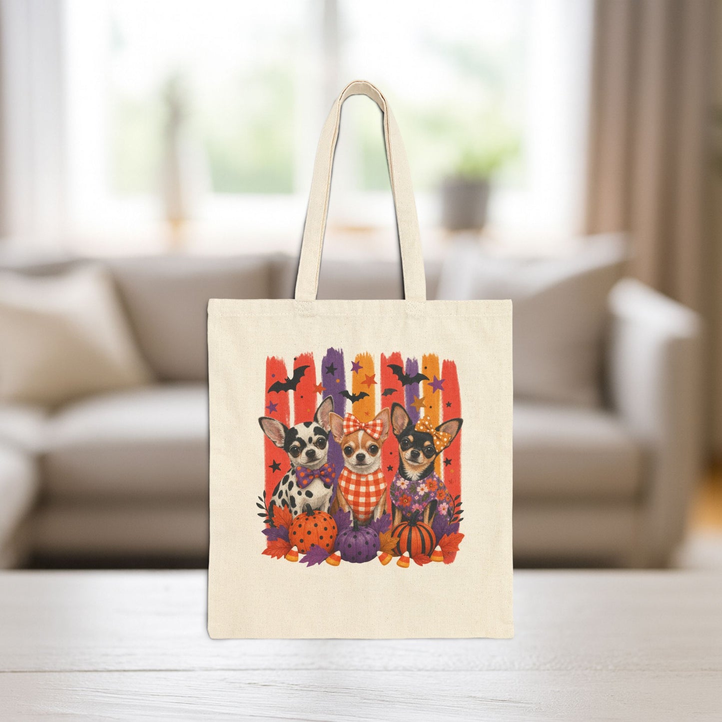 Three Chihuahuas in Fall Plaid Tote Bag | Canvas Tote, Autumn Pumpkin Dog Illustration