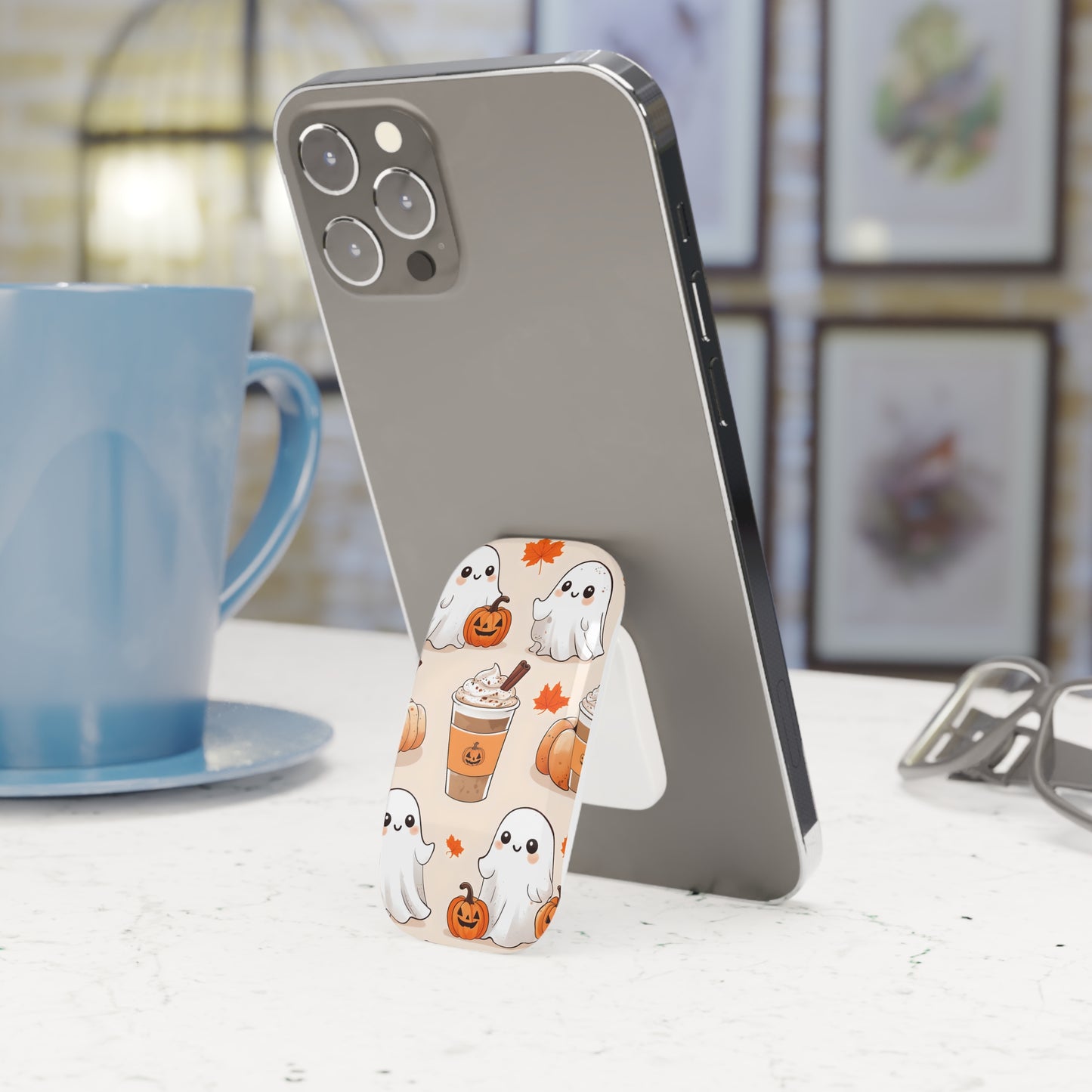 Autumn ghost phone grip, Cute pumpkin phone grip, Fall ghost phone accessory, Halloween phone grip, Spooky cute phone stand