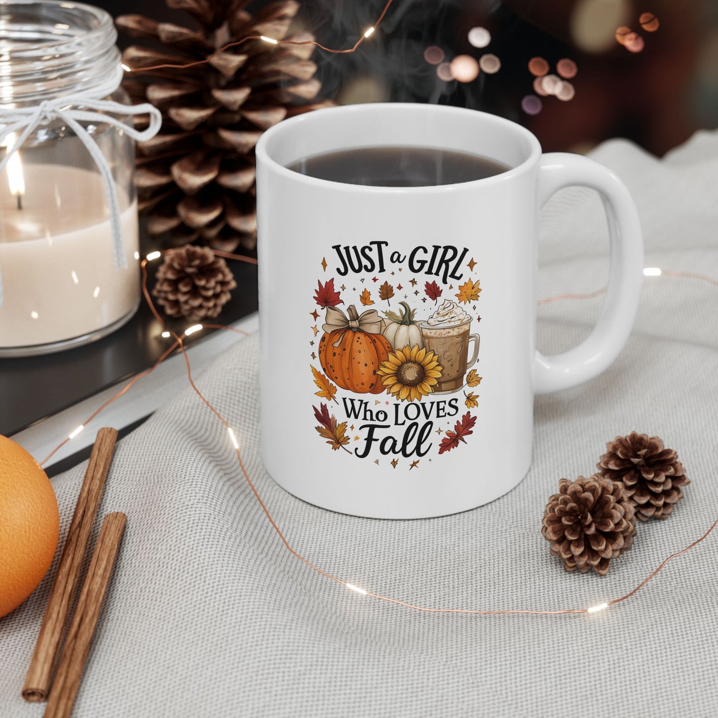 Just a Girl Who Loves Fall Mug, Pumpkin Spice Coffee Cup, Autumn Sunflower Latte Mug, Cozy Fall Gift for Her