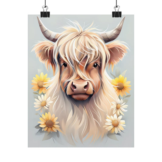 Whimsical Highland Cow Art Print, Farmhouse Wall Decor, Cute Cow Poster, Animal Lover Gift