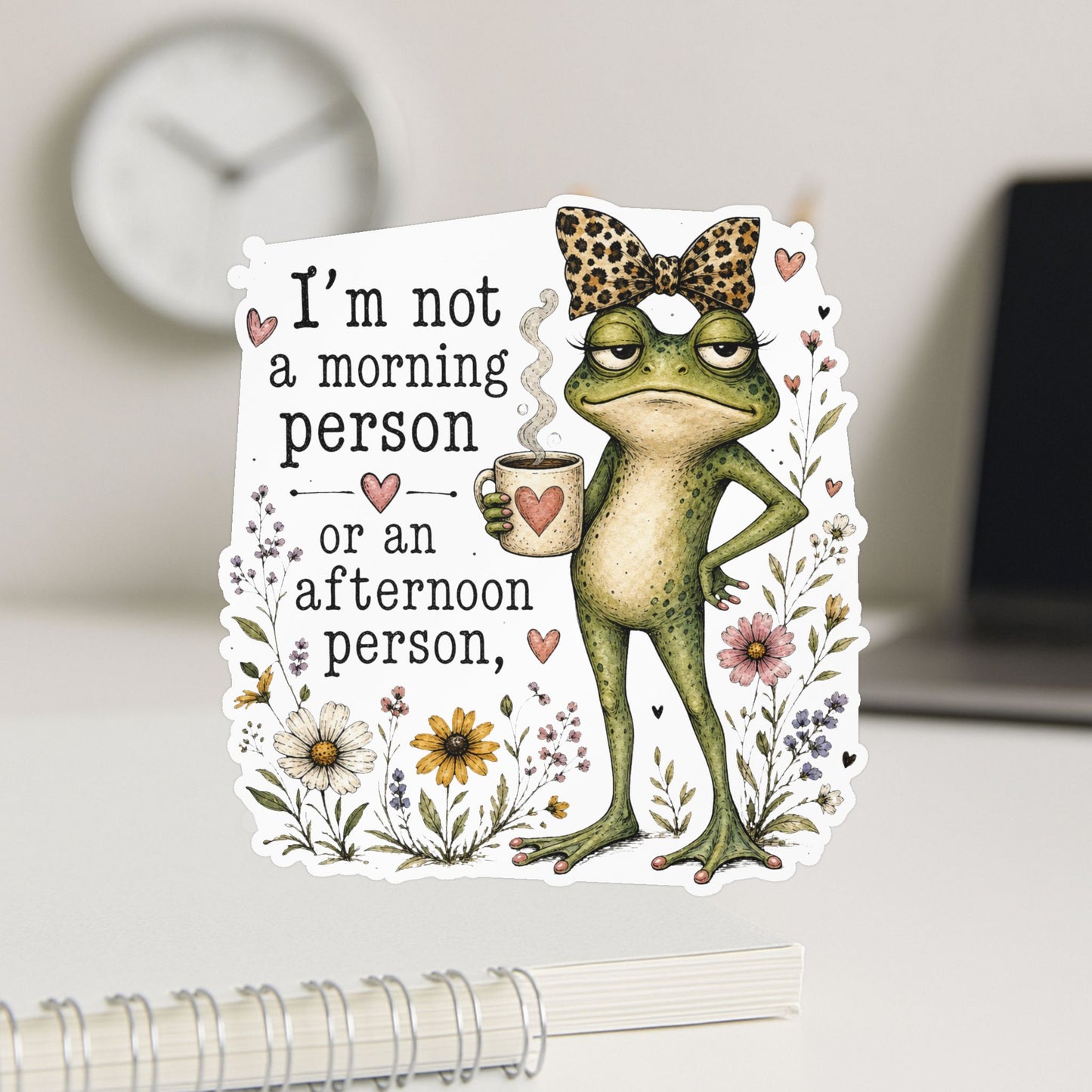 Grumpy Frog with Coffee Not a Morning Person Sticker | Kiss-Cut Vinyl Decal