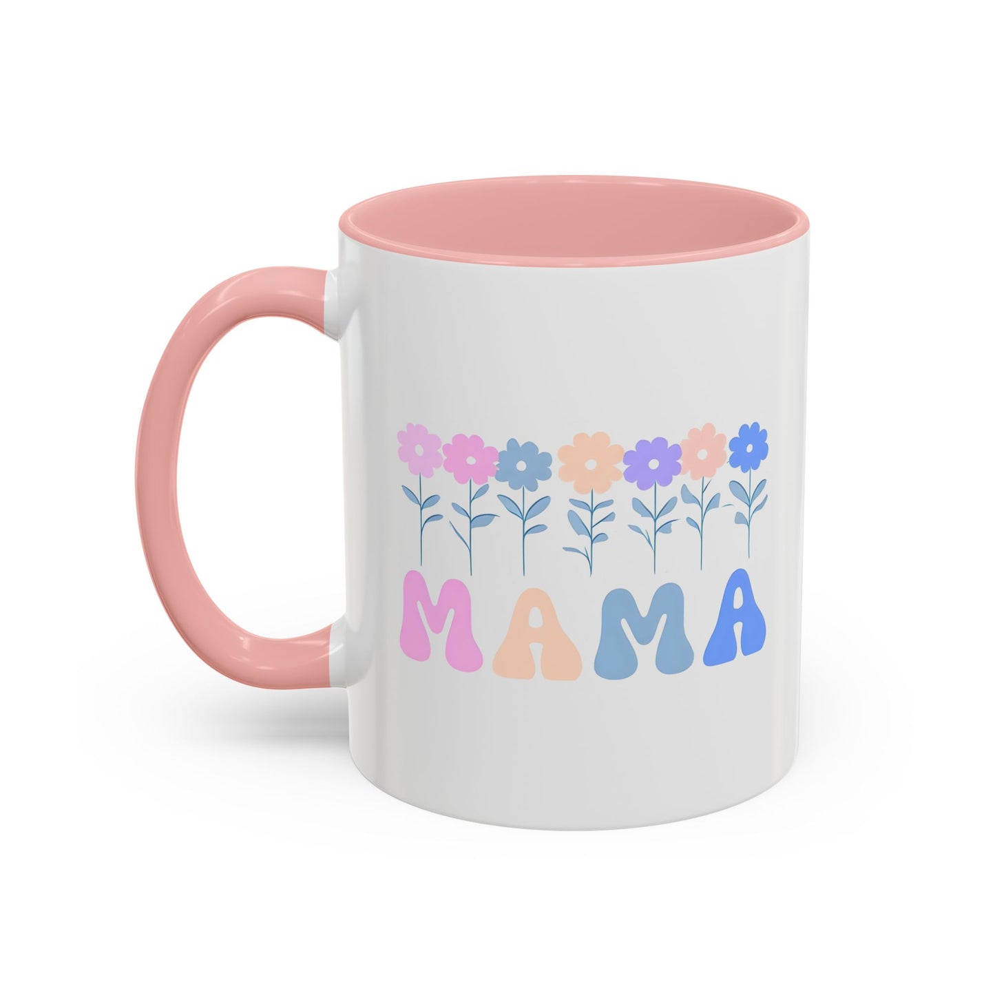 Floral Mama Accent Coffee Mug, Cute Gift for Mom, Pink Handle Coffee Cup, Mother's Day Present, Flower Mug for Moms
