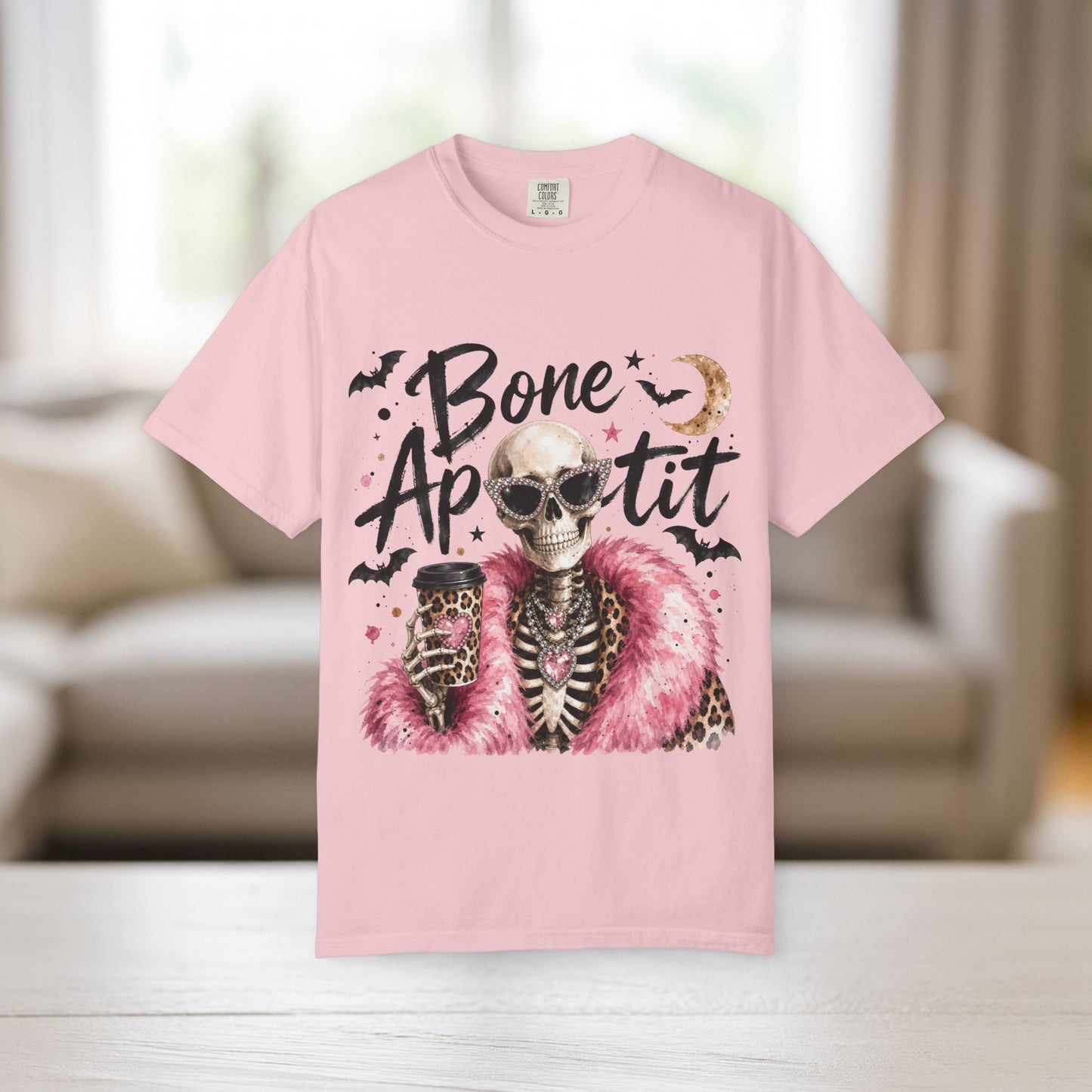 Bone Appetit Shirt | Glam Skeleton Comfort Colors Tee | Funny Halloween Graphic Tee | Sassy Skeleton Gift Shirt | Pink Leopard Halloween Tee
