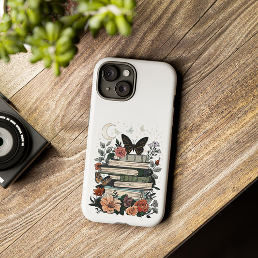 Butterfly & Moon Book Stack Phone Case – Cottagecore Reader Gift
