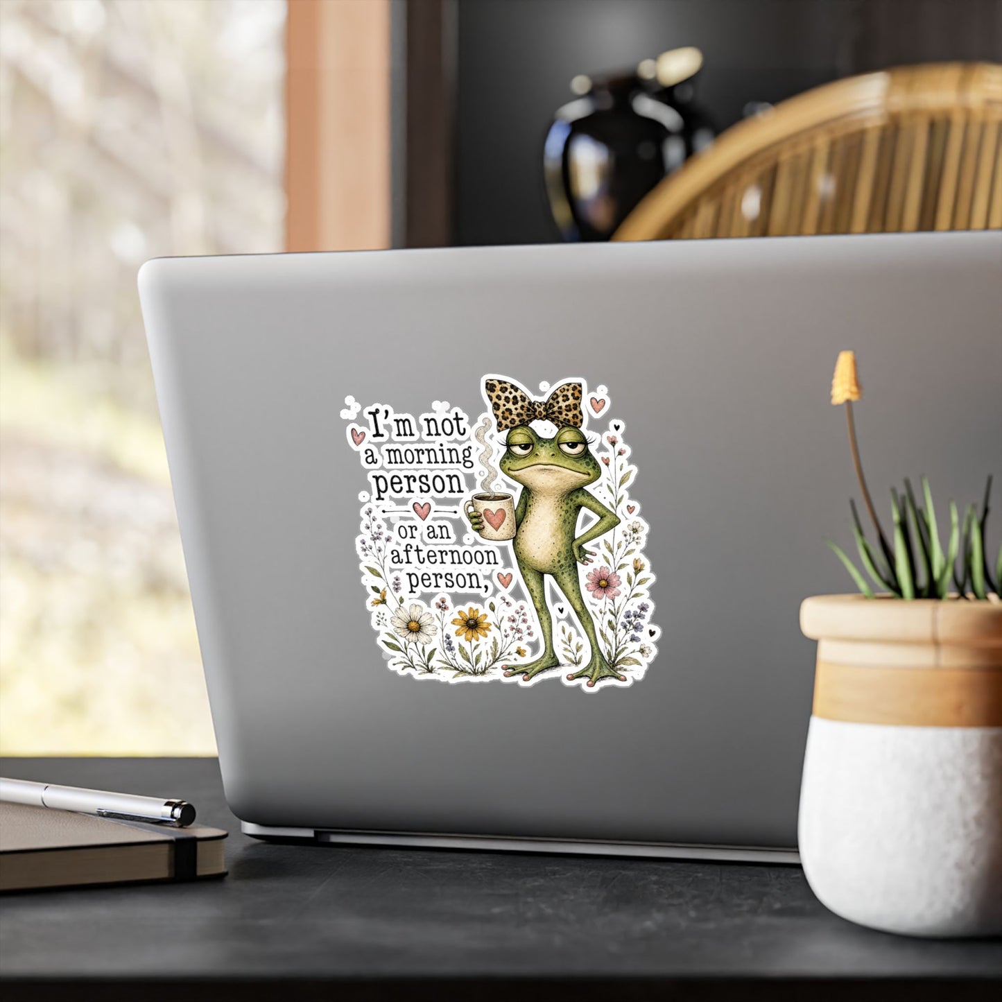 Grumpy Frog with Coffee Not a Morning Person Sticker | Kiss-Cut Vinyl Decal
