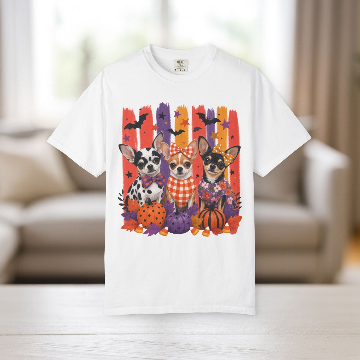 Chihuahua Trio Halloween T-Shirt | Pumpkin Pumpkins Bats Dogs