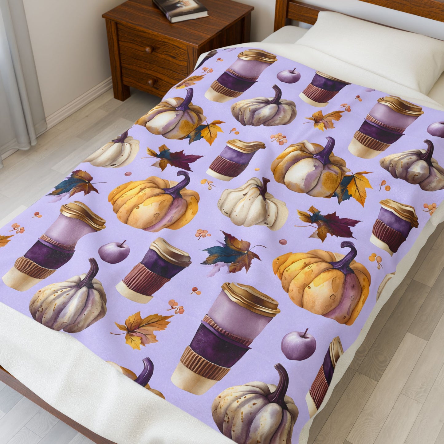 Velveteen Plush Blanket, Purple Watercolor Pumpkin and Coffee Throw, Soft Eco-Friendly Bedding, Cozy Fall Living Room Decor, Halloween