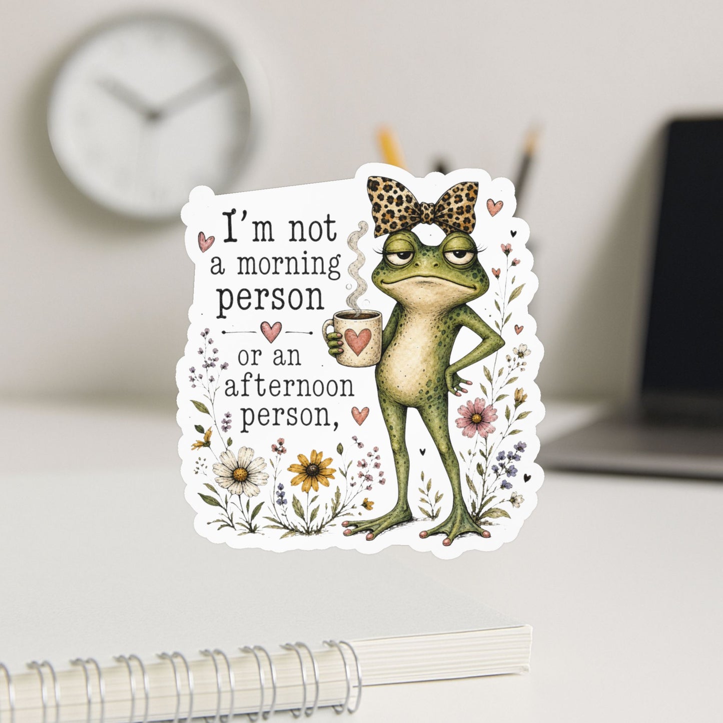 Grumpy Frog with Coffee Not a Morning Person Sticker | Kiss-Cut Vinyl Decal