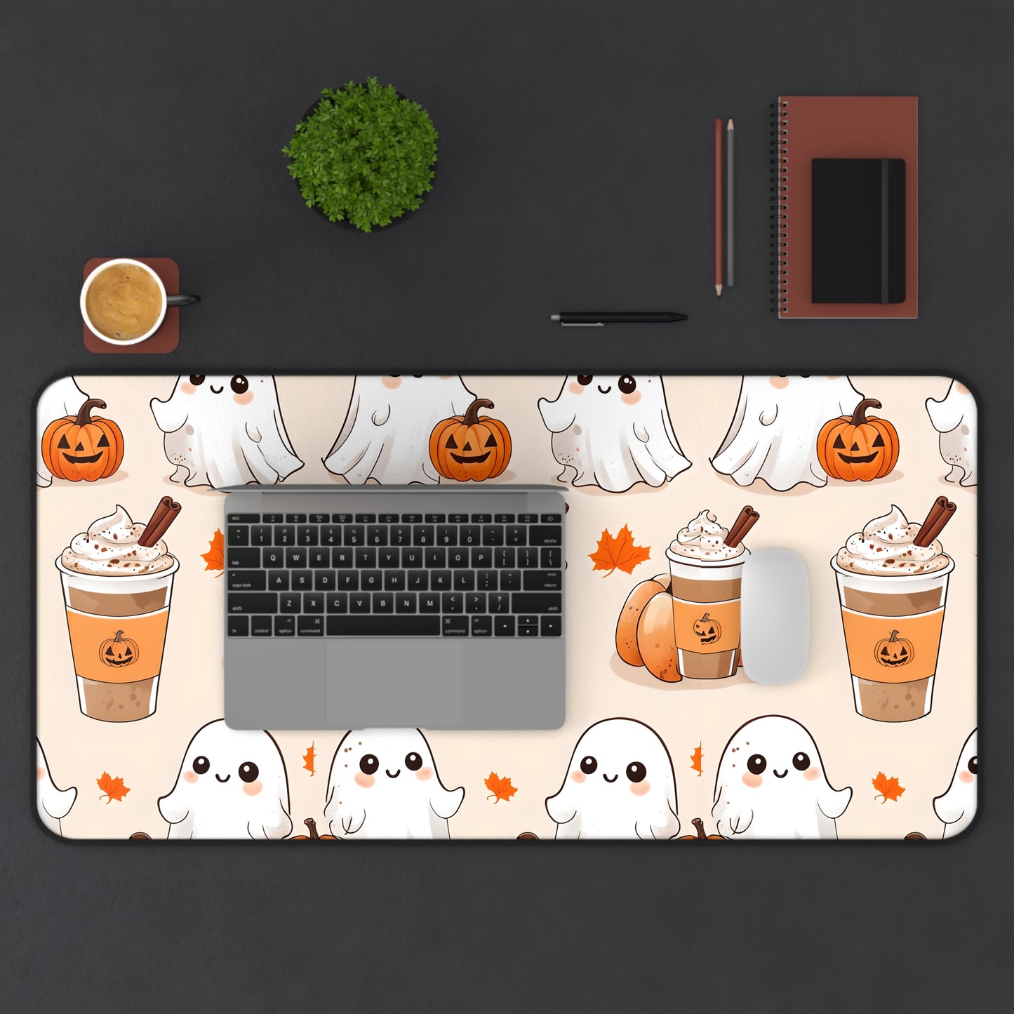 Ghost pumpkin coffee desk mat, cute fall Halloween desk pad, kawaii ghost gaming mat, autumn pumpkin mouse pad