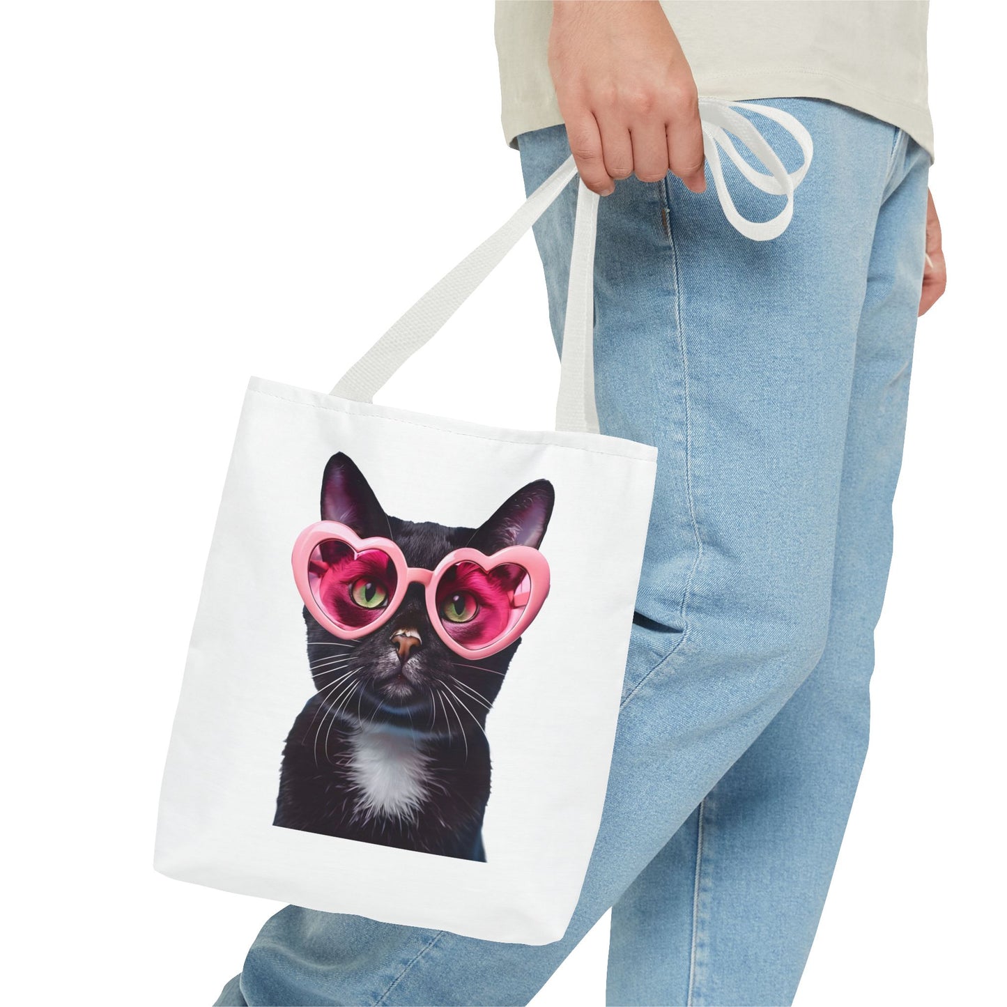 Trendy Black Cat Tote Bag, Cute Cat Lover Gift, Stylish Grocery Bag, Pink Heart Sunglasses Tote, Everyday Carryall