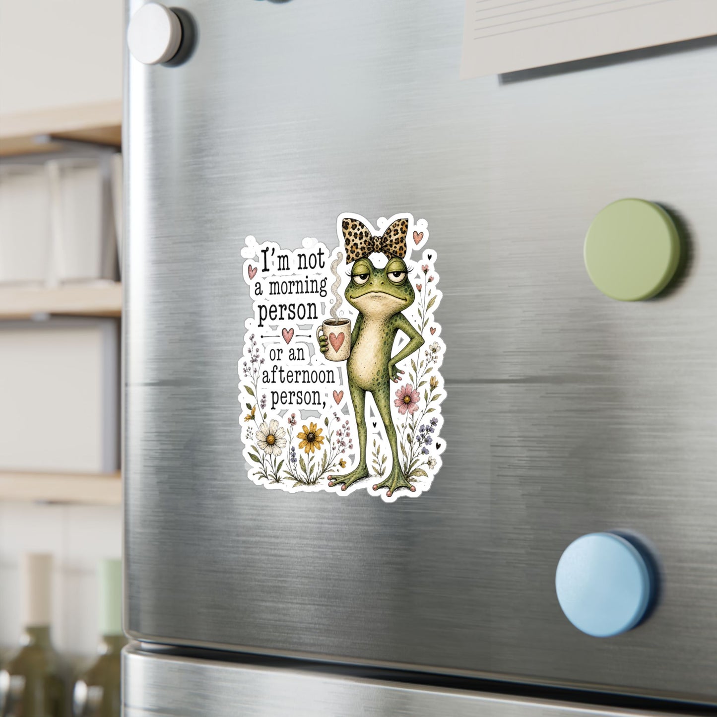 Grumpy Frog with Coffee Not a Morning Person Sticker | Kiss-Cut Vinyl Decal