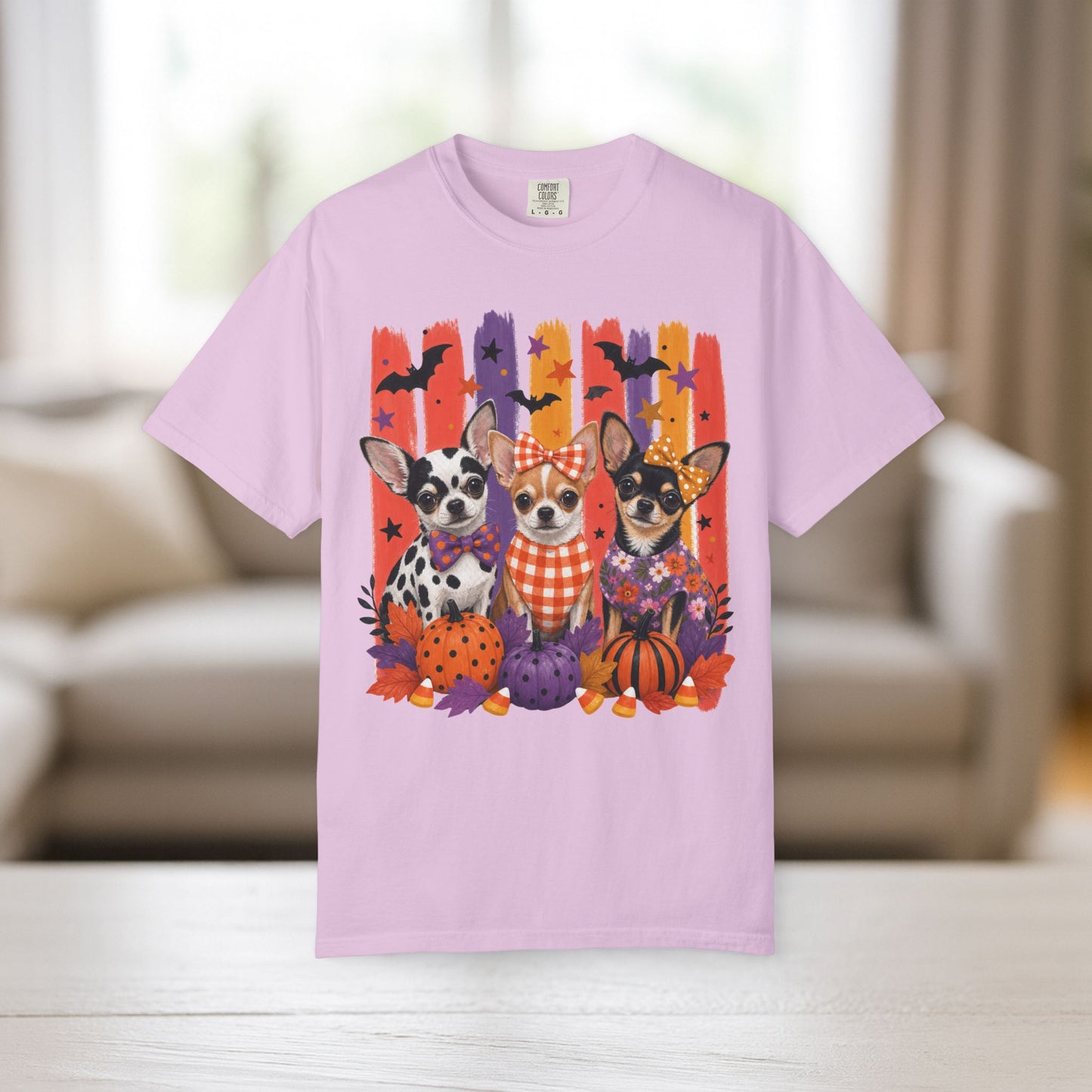 Chihuahua Trio Halloween T-Shirt | Pumpkin Pumpkins Bats Dogs