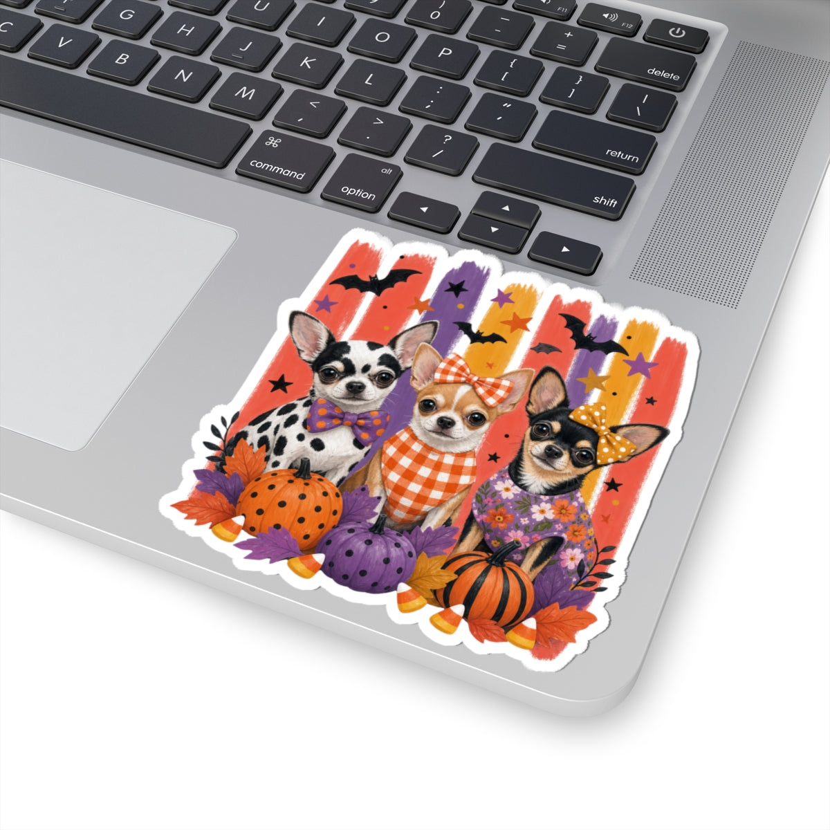 Three Halloween Chihuahuas Kiss-Cut Sticker | Pumpkins, Bats, Candy Corn